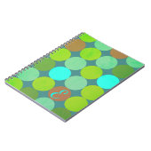 ライムグリーンティール(緑がかった色)ターコイズ&ラストサークルモノグラム ノートブック (左側)