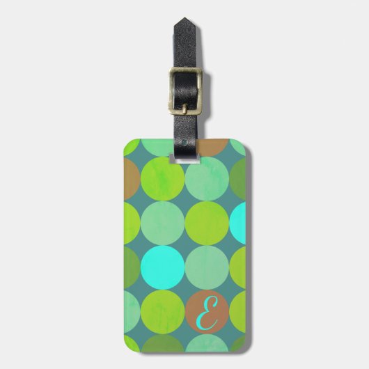 ライムグリーンティール（緑がかった色）ターコイズ&ラストサークルモノグラム ラゲッジタグ (正面縦)