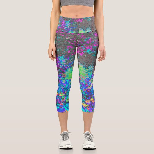 ライムグリーントリップ（幻覚体験）のようなとパープルガーデンサンライズ カプリレギンス (正面)