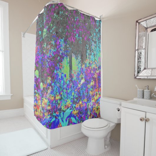 ライムグリーントリップ（幻覚体験）のようなとパープルガーデンサンライズ シャワーカーテン (インサイチュ)