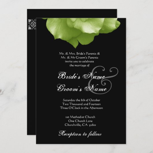 ライムグリーンバラ花びら結婚式招待状 招待状 (正面/裏面)