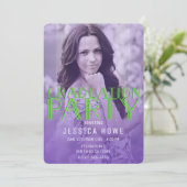 ライムグリーンパープル卒業パーティーの卒業写真 招待状 (スタンド正面)