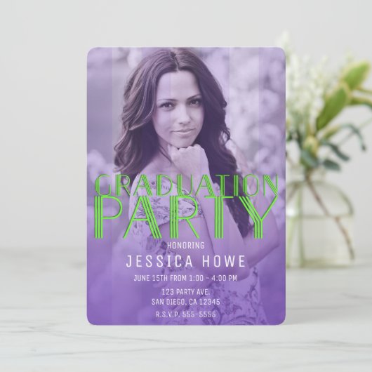 ライムグリーンパープル卒業パーティーの卒業写真 招待状 (スタンド正面)