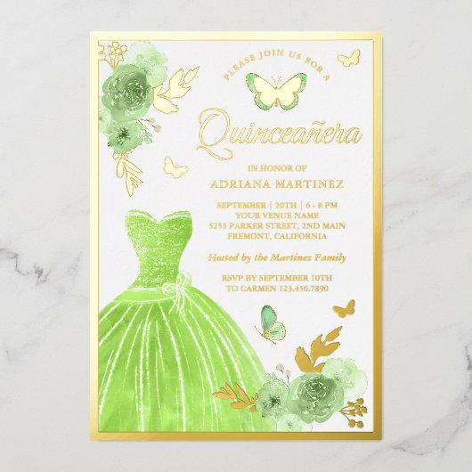 ライムグリーンフローラドレスバタフライキンセアニェラ金ゴールド 箔招待状 (正面)