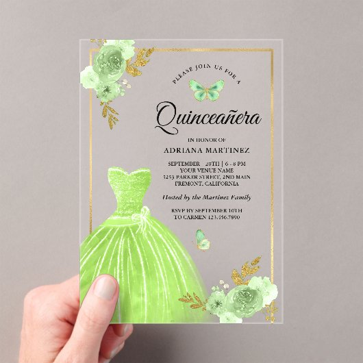 ライムグリーンフローラドレスバタフライ金ゴールドキンセアニェラ アクリル招待状 (インサイチュ (ポータブル))