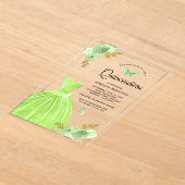 ライムグリーンフローラドレスバタフライ金ゴールドキンセアニェラ アクリル招待状 (レイダウン)