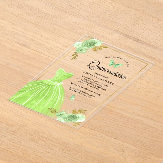 ライムグリーンフローラドレスバタフライ金ゴールドキンセアニェラ アクリル招待状 (レイダウン)