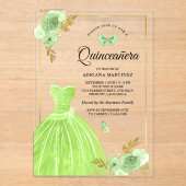 ライムグリーンフローラドレスバタフライ金ゴールドキンセアニェラ アクリル招待状 (正面)