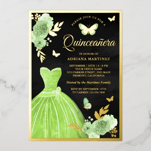 ライムグリーンフローラバタフライブラックキンセアニェラ金ゴールド 箔招待状 (正面)