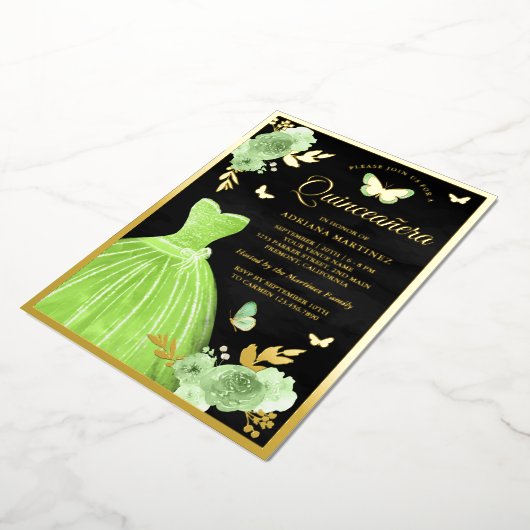 ライムグリーンフローラバタフライブラックキンセアニェラ金ゴールド 箔招待状 (回転した状態)