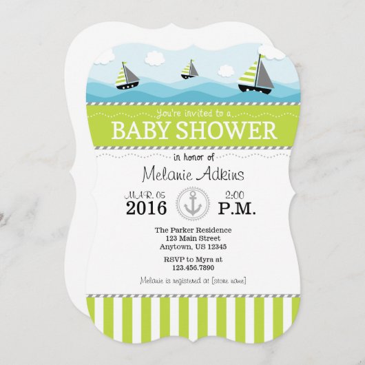 ライムグリーンブルー航海のベビーシャワー招待状 招待状 (正面/裏面)