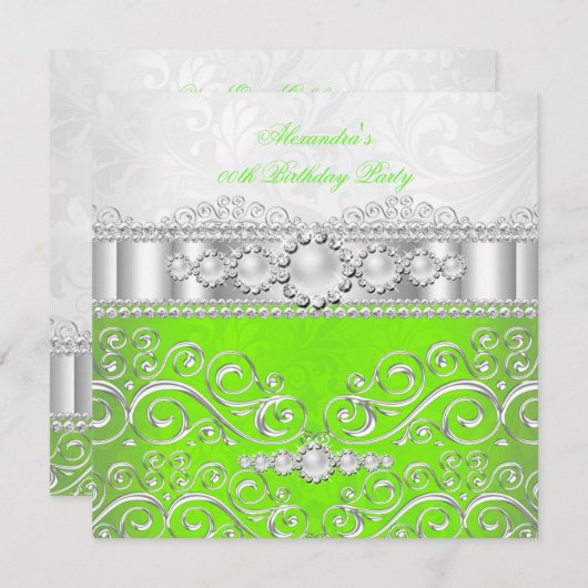 ライムグリーンホワイトシルバーレースパールバースデーパーティー 招待状 (正面/裏面)