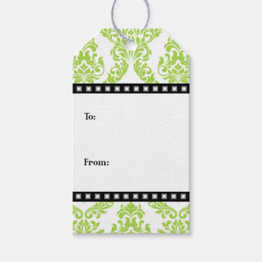 ライムグリーンホワイトブラックダマスギフトラベル ギフトタグ (正面)