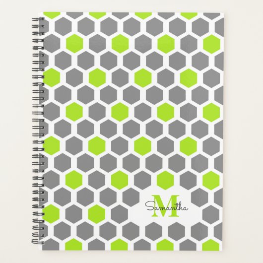 ライムグリーンモダングレイ幾何学模様モノグラム プランナー手帳 (正面)
