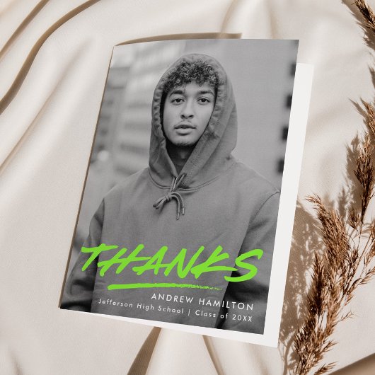 ライムグリーンモダン写真卒業 サンキューカード