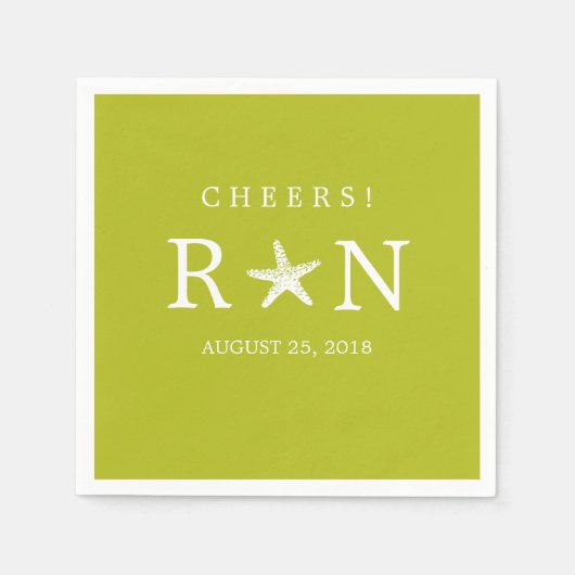 ライムグリーンモノグラムヒトデ | ウェディング スタンダードカクテルナプキン (正面)