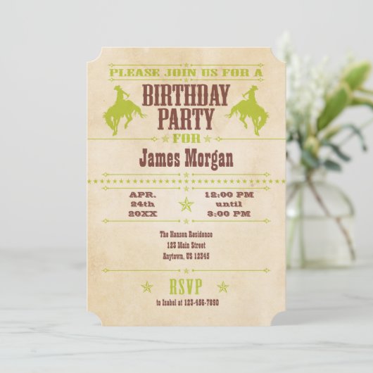 ライムグリーンヴィンテージカウボーイ誕生日招待状 招待状 (スタンド正面)
