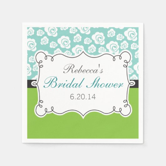 ライムグリーン及びティール(緑がかった色)の白い花、ブライダルシャワー スタンダードカクテルナプキン (正面)