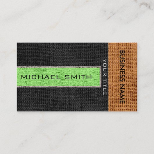 ライムグリーン及び黒のバーラップのリネン素朴なジュート 名刺 (正面)