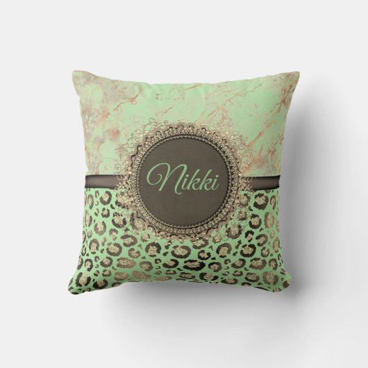 ライムグリーン大理石きらびやかなヒョウ クッション (裏面)