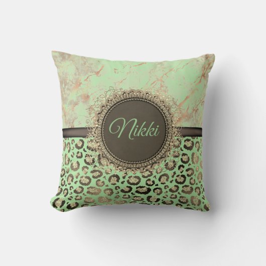 ライムグリーン大理石きらびやかなヒョウ クッション (正面)