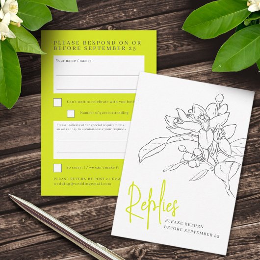 ライムグリーン柑橘類結婚の花の返信RSVP 出欠カード