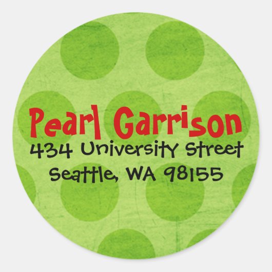 ライムグリーン水玉模様サークル差出人住所ラベル ラウンドシール (正面)