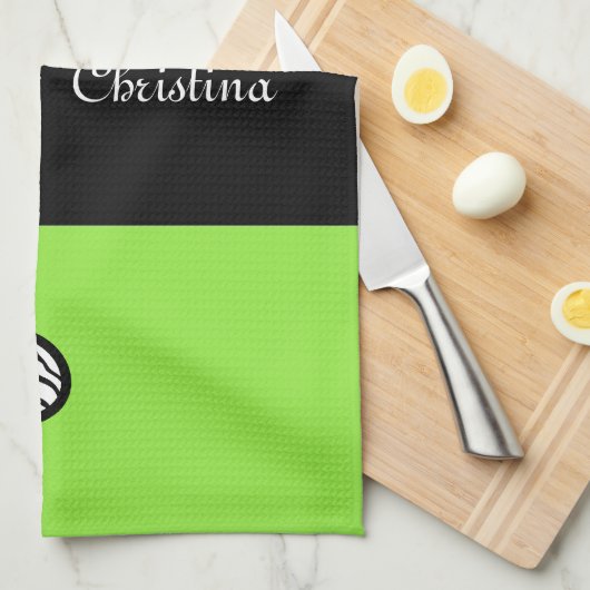 ライムグリーン白黒ゼブラパターンハート名 キッチンタオル (四つ折り)