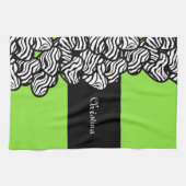 ライムグリーン白黒ゼブラパターンハート名 キッチンタオル (横)