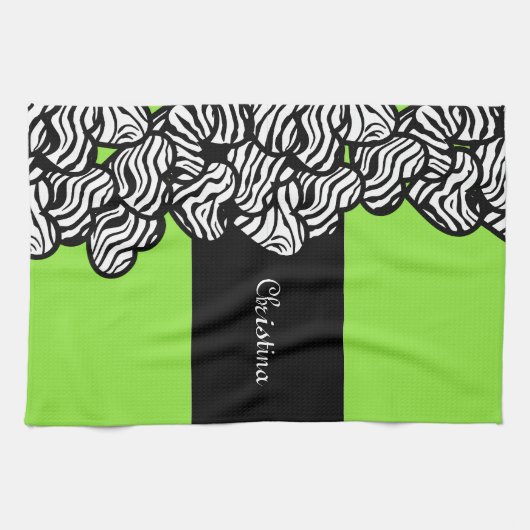 ライムグリーン白黒ゼブラパターンハート名 キッチンタオル (横)