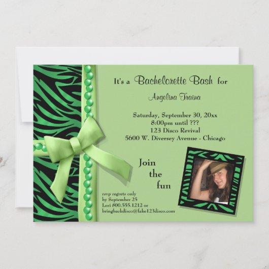 ライムグリーン真珠とゼブラ縞 招待状 (正面)