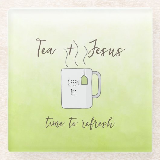 ライムグリーン祈りの言葉時間更新 ガラスコースター (正面)