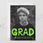 ライムグリーン絵を描スプレー写真卒業パーティー 招待状 (正面)