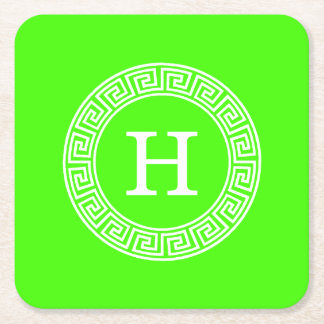 ライムグリーン重量ギリシャ鍵ランドフレームイニシャルモノグラム スクエアペーパーコースター