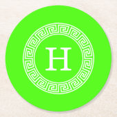 ライムグリーン重量ギリシャ鍵ランドフレームイニシャルモノグラム ラウンドペーパーコースター (正面)