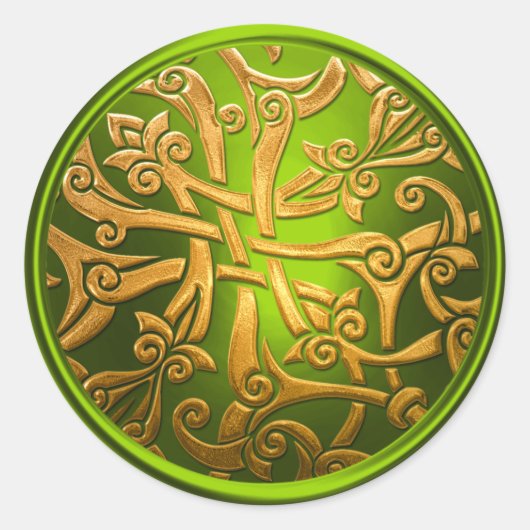 ライムグリーン金ゴールドケルト封筒用シール ラウンドシール (正面)