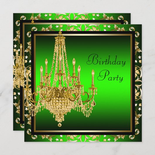 ライムグリーン金ゴールドダマスクシャンデリアバースデーパーティー 招待状 (正面/裏面)