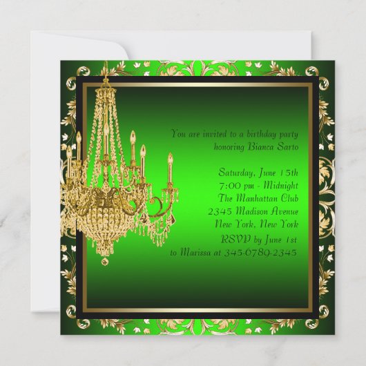 ライムグリーン金ゴールドダマスクシャンデリアバースデーパーティー 招待状 (裏面)