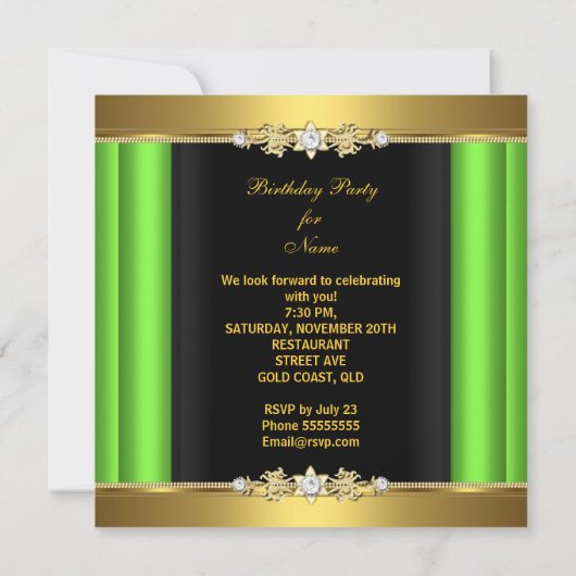 ライムグリーン金ゴールドブラックエレガントバースデーパーティー 招待状 (裏面)