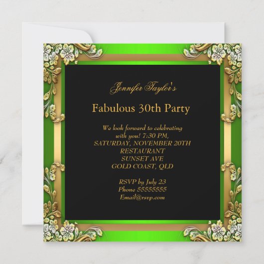 ライムグリーン金ゴールド素晴らしい30バースデーパーティー 招待状 (裏面)