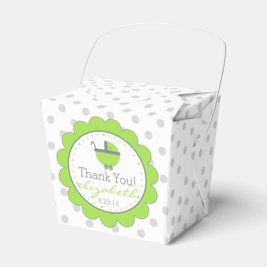 ライムグリーン&グレー水玉模様 – ベビーシャワー フェイバーボックス (正面サイド)