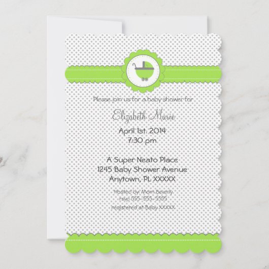 ライムグリーン&グレー水玉模様 – ベビーシャワー 招待状 (正面)