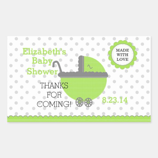 ライムグリーン&グレー水玉模様 – ベビーシャワー 長方形シール (正面)