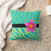 ライムグリーン&ターコイズゼブラ&チータピンクフラワー クッション (ブランケット)