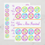 ライムグリーン、ターコイズ、ラベンダー、ローズの円形パターン 招待状 (正面/裏面)