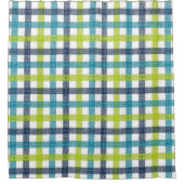 ライムグリーン、ネイビーおよびターコイズブループレイド シャワーカーテン (正面)