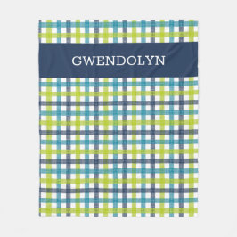 ライムグリーン、ネイビーおよびターコイズブループレイド フリースブランケット