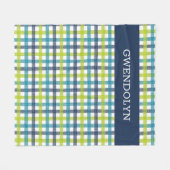 ライムグリーン、ネイビーおよびターコイズブループレイド フリースブランケット (正面(横))