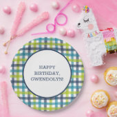 ライムグリーン、ネイビーおよびターコイズブループレイド ペーパープレート (パーティー)