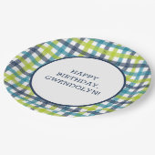 ライムグリーン、ネイビーおよびターコイズブループレイド ペーパープレート (アングル)